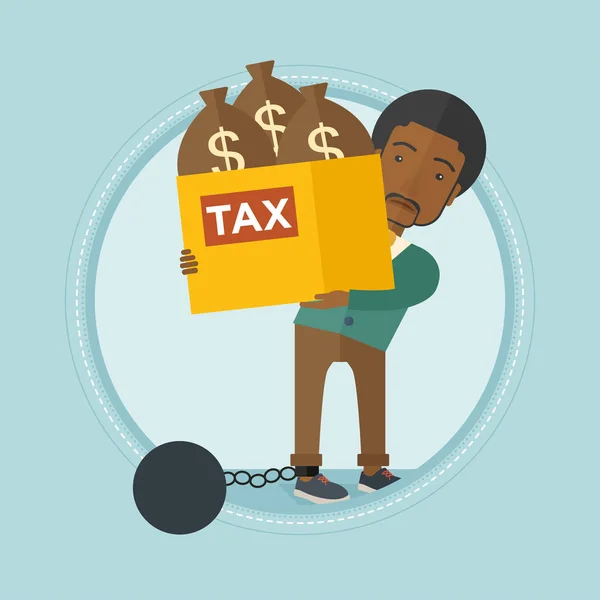 Geketende zakenman uitvoering zakken vol van belastingen. — Stockvector