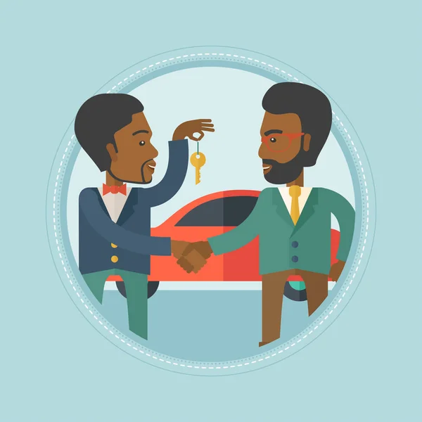 Car salesman giving key to new owner. — Stock Vector