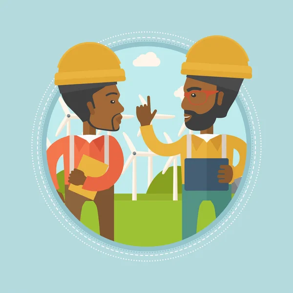 Trabajadores del parque eólico hablando ilustración vector . — Vector de stock