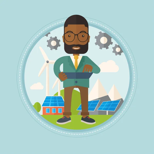 Trabajador masculino de planta de energía solar y parque eólico . — Vector de stock