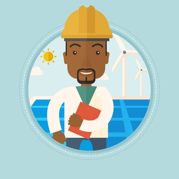 Trabajador masculino de planta de energía solar y parque eólico . — Vector de stock