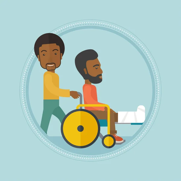 Homme poussant fauteuil roulant avec patient . — Image vectorielle