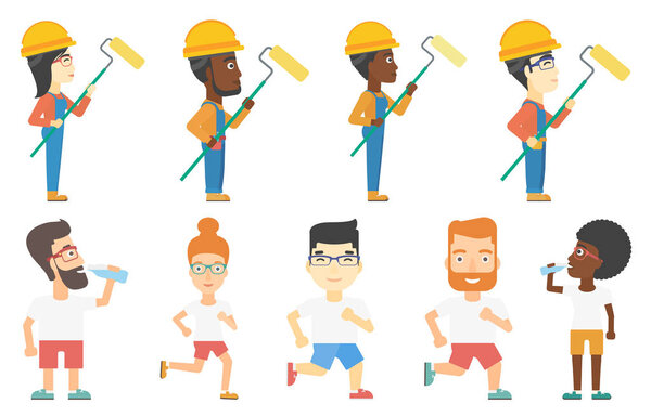 Векторный набор персонажей строителей и спортсменов
.