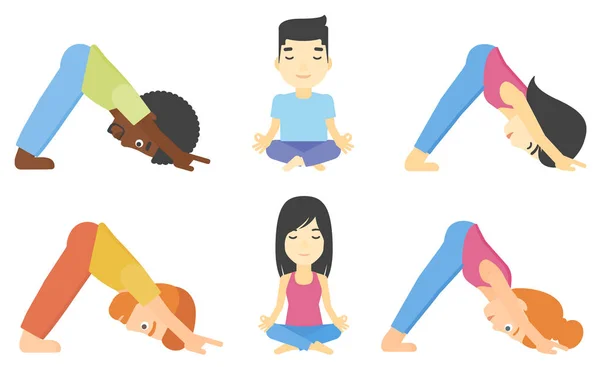 Conjunto vectorial de hombres y mujeres practicando yoga . — Archivo Imágenes Vectoriales