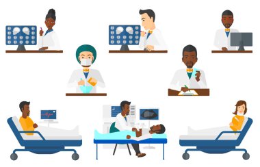 Vektör set doktor karakterler ve hastaların.