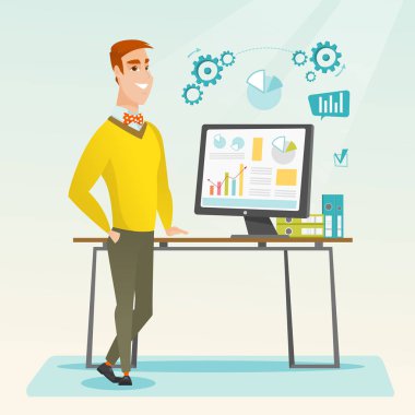 İşadamı bilgisayarda sunu yapma.