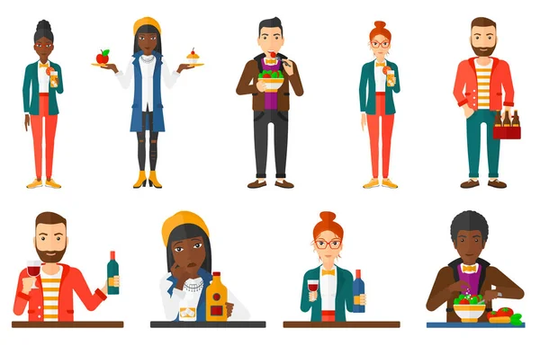 Conjunto vectorial de personas comiendo y bebiendo . — Vector de stock