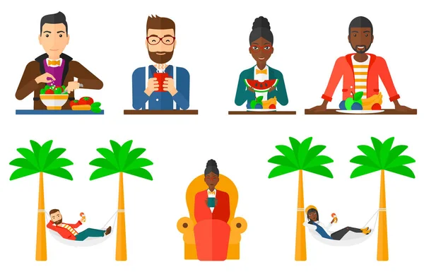 Vector set of people eating and drinking. — Stock Vector