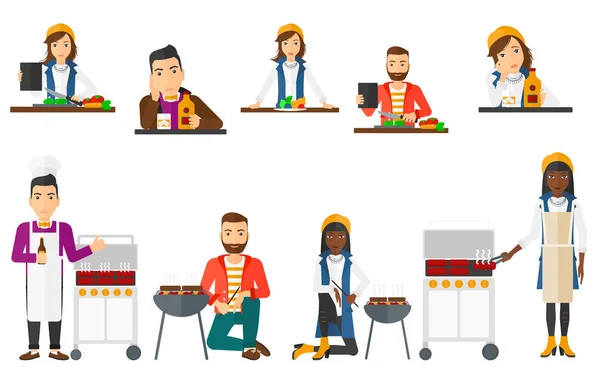 Conjunto vectorial de personas comiendo y bebiendo . — Vector de stock