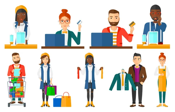 Conjunto vectorial de personajes de gente de compras . — Vector de stock