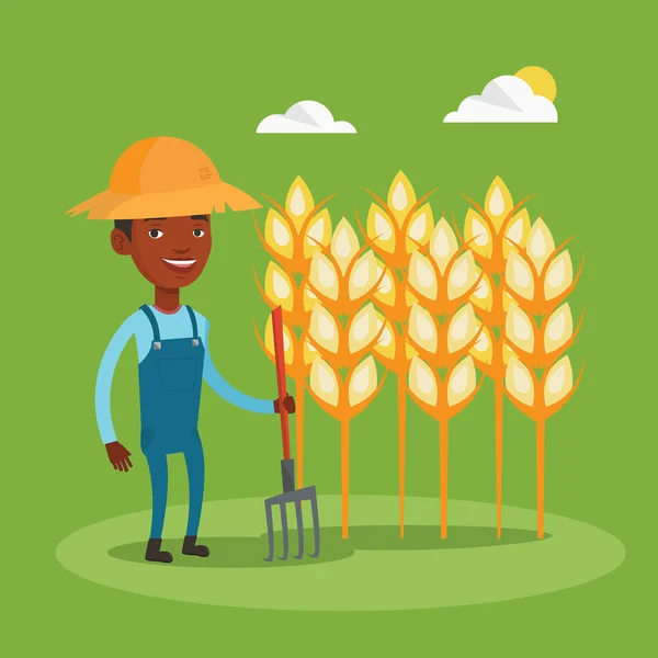 Agricoltore con forcone nel campo di grano . — Vettoriale Stock