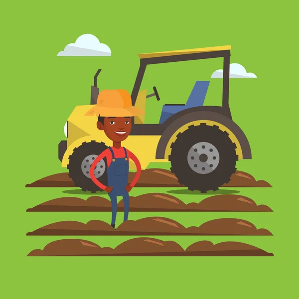 Agricultor de pie con tractor sobre fondo . — Vector de stock