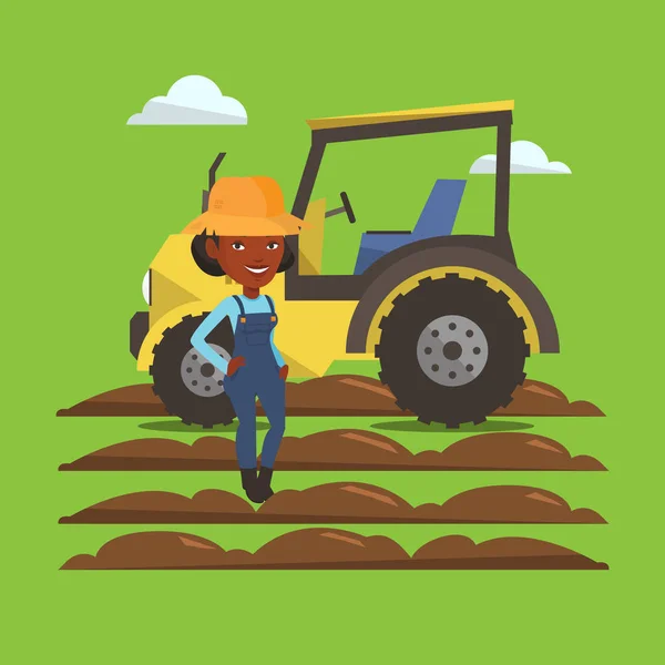 Agricultor de pie con tractor sobre fondo . — Vector de stock