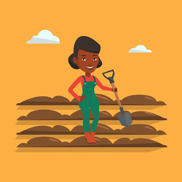 Farmer with shovel at field vector illustration. — Stock Vector