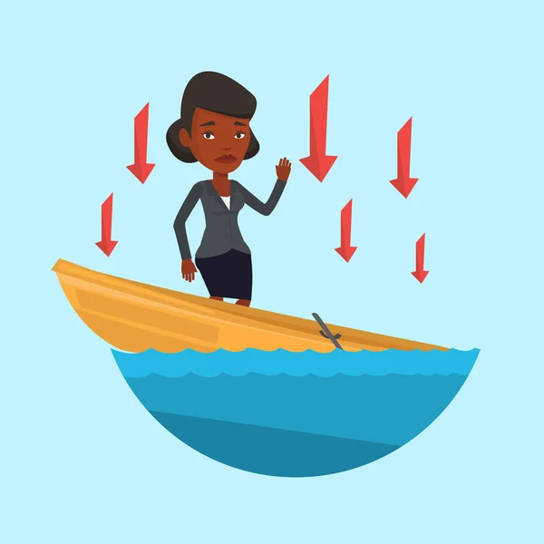 Business woman standing in sinking boat. — Stock Vector
