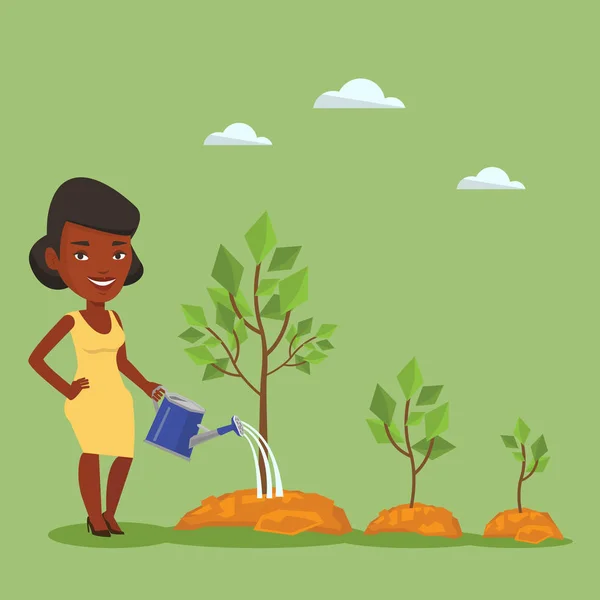 Business woman watering trees vector illustration. — Stock Vector