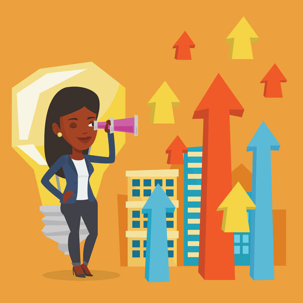 Woman looking through spyglass on raising arrows.