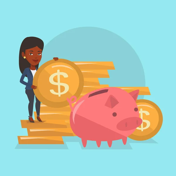 Mulher de negócios colocando moeda no banco porquinho . — Vetor de Stock