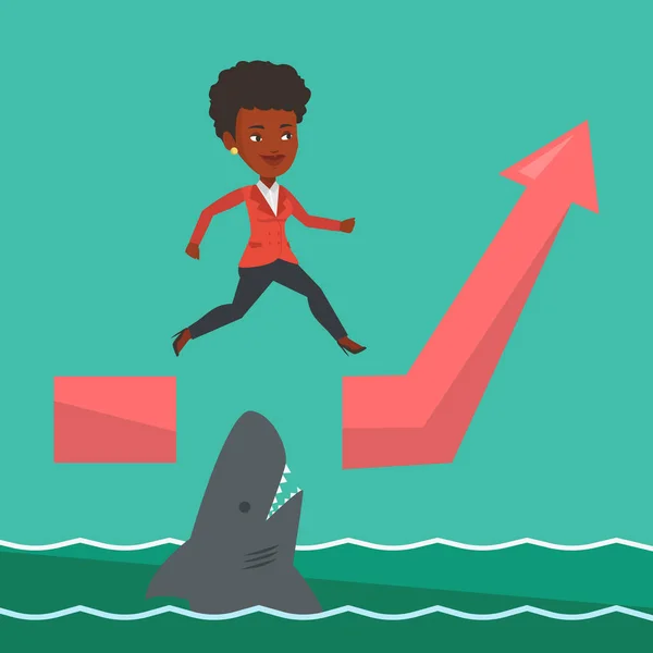 Business kvinna hoppa över havet med haj. — Stock vektor