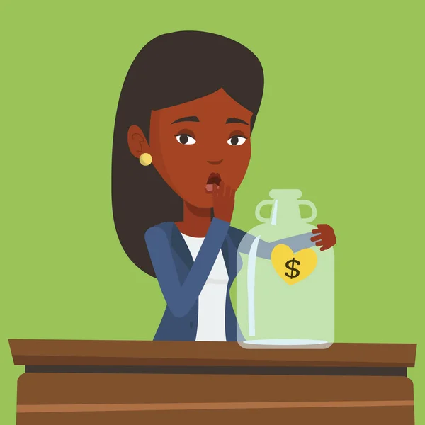 Femme d'affaires en faillite regardant la boîte à argent vide — Image vectorielle