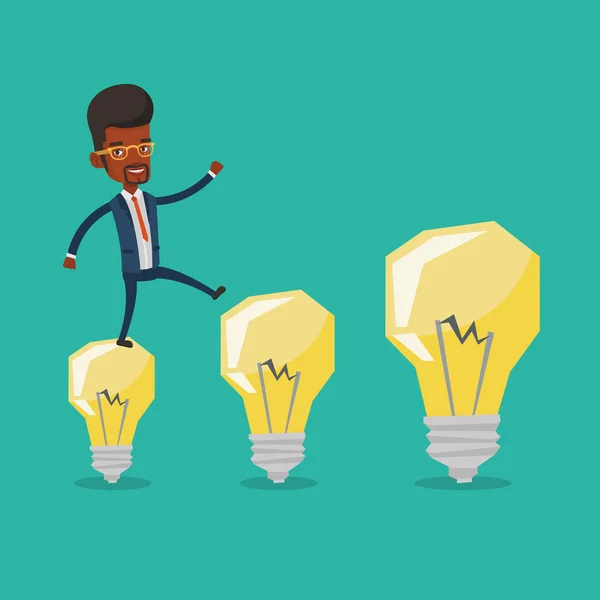 Businessman jumping on idea light bulbs. — Stock Vector