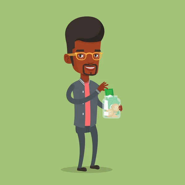 Empresário colocando dinheiro dólar em jarra de dinheiro . — Vetor de Stock