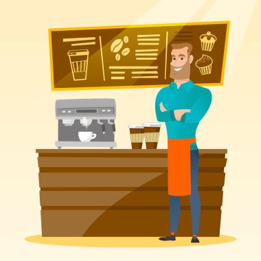 Barista ayakta yakınındaki kahve makinesi.
