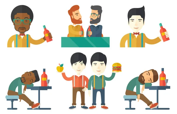 Conjunto vectorial de personas comiendo y bebiendo . — Vector de stock