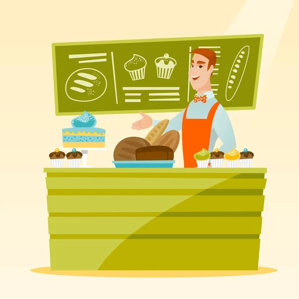 Travailleur debout derrière le comptoir à la boulangerie . — Image vectorielle
