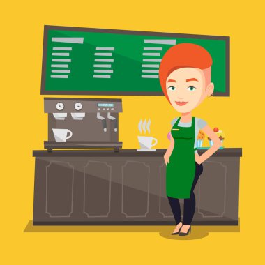 Barista ayakta yakınındaki kahve makinesi.