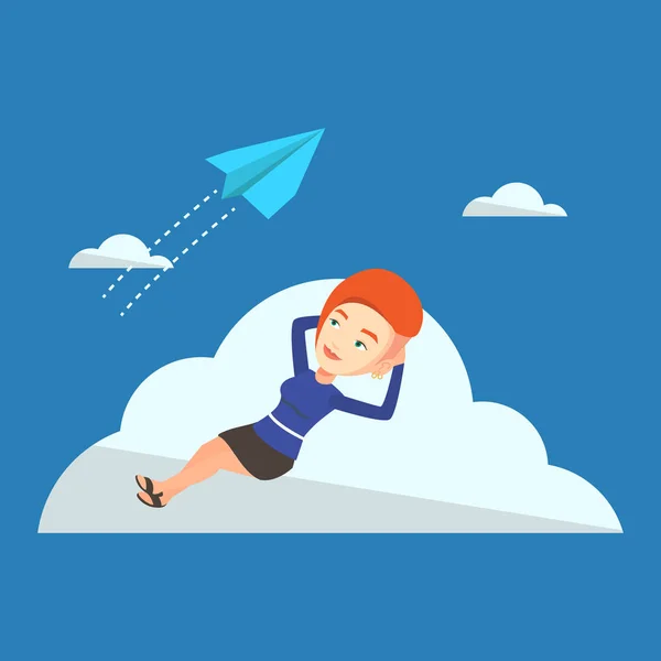 Business woman lying on cloud vector illustration. — Stock Vector