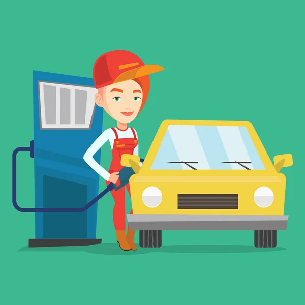 Worker filling up fuel into car. — Stock Vector