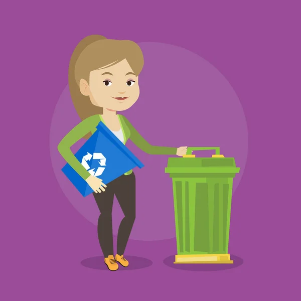 Donna con cestino e bidone della spazzatura . — Vettoriale Stock