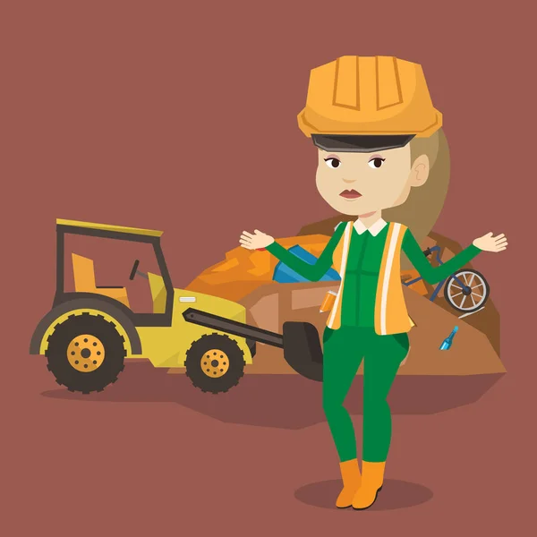Lavoratore e bulldozer a discarica di rifiuti . — Vettoriale Stock
