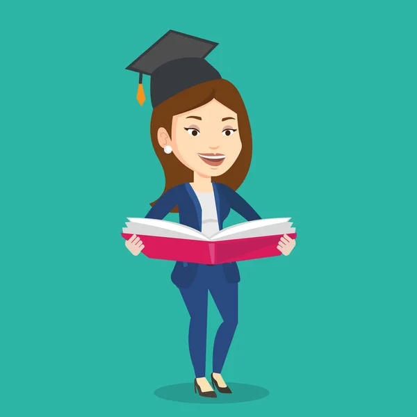 Graduado con libro en manos ilustración vectorial . — Vector de stock