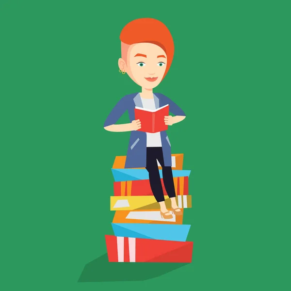 Student sitzt auf riesigen Bücherstapel. — Stockvektor