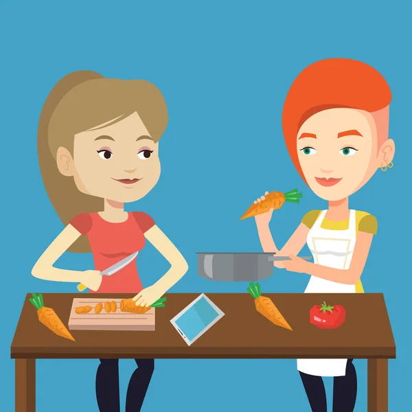 Mujeres cocinando comida vegetal saludable . — Vector de stock