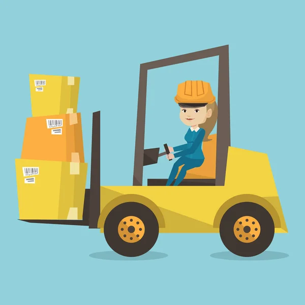 Warehouse worker moving load by forklift truck. — Stock Vector