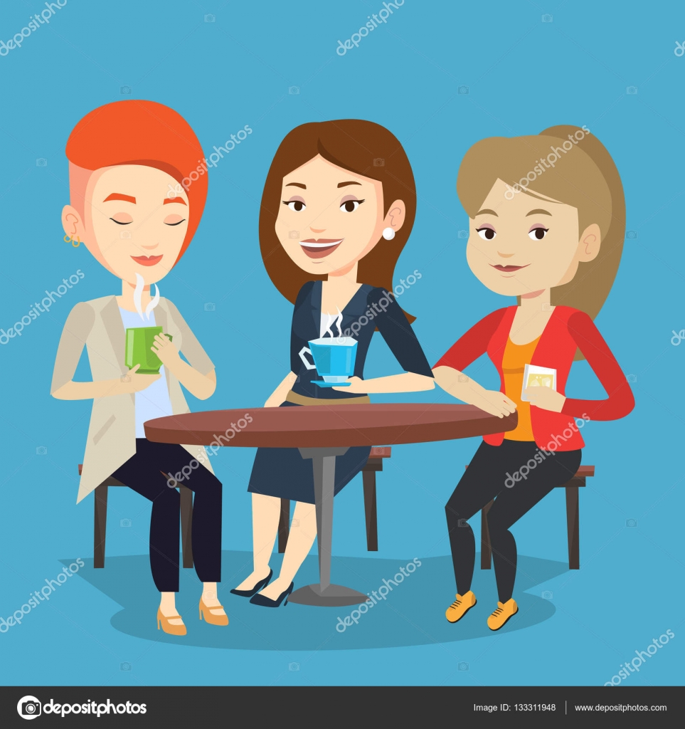 Группа Женщин, Пьющих Горячие И Алкогольные Напитки. Векторное.