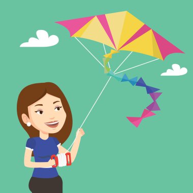 Genç kadın uçan uçurtma vektör çizim.