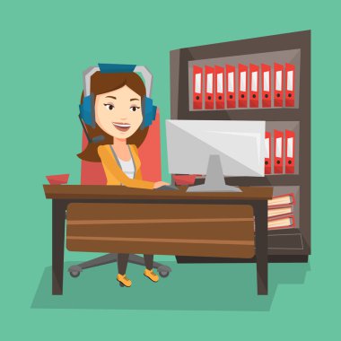 Bilgisayar oyun vektör çizim oynayan kadın.