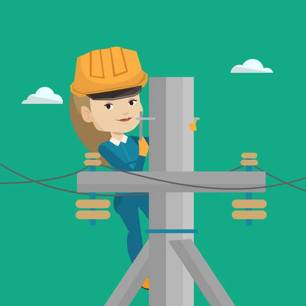 Electrician working on electric power pole. — Stock Vector