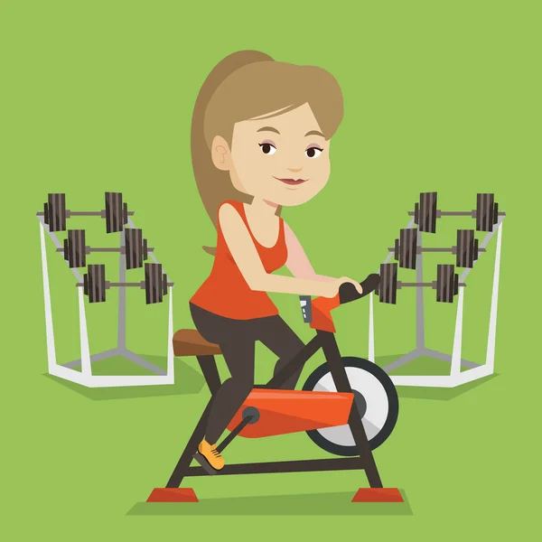 Young woman riding stationary bicycle. — Stock Vector