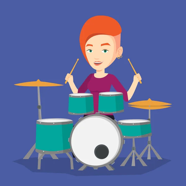 Žena hrající na bicí sada vektorové ilustrace. — Stockový vektor