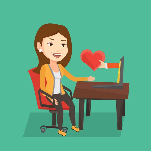 Jonge vrouw dating online met behulp van laptop. — Stockvector