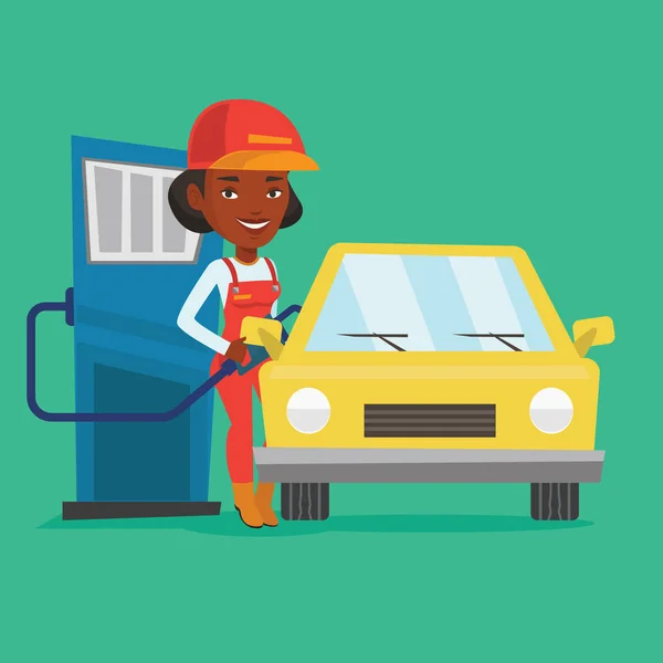 Trabajador llenando combustible en el coche . — Vector de stock