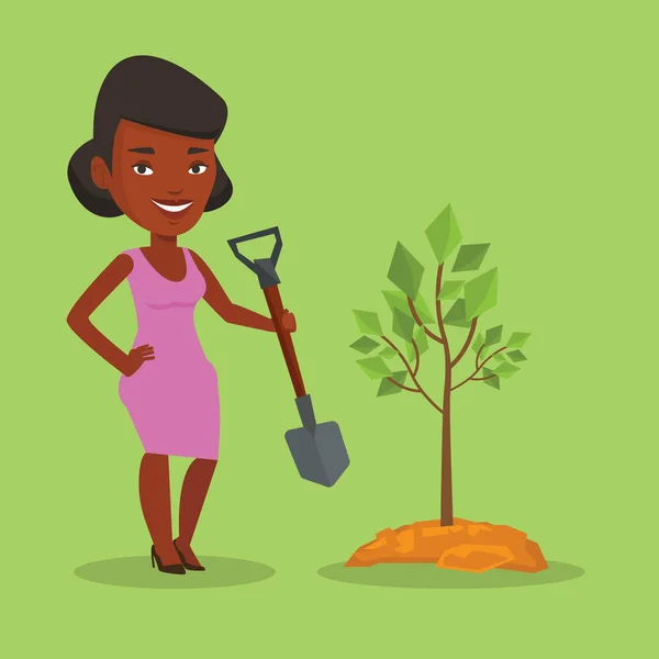 Mujer plantas árbol vector ilustración . — Vector de stock
