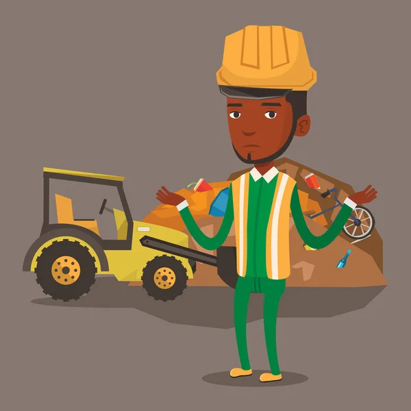 Trabajador y excavadora en vertedero de basura . — Vector de stock