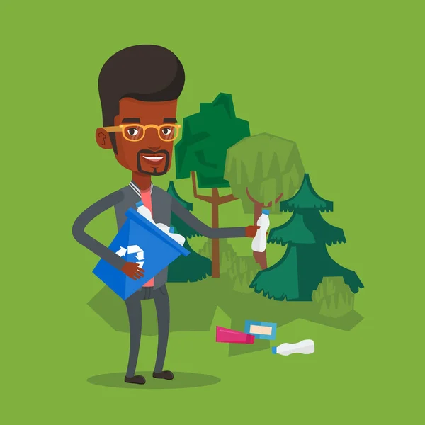 Hombre recogiendo basura en el bosque . — Vector de stock