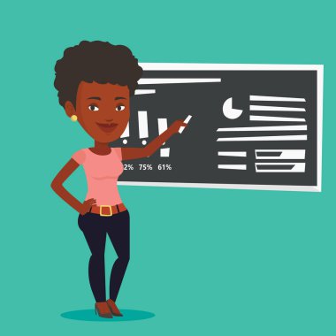 Bir kara tahta vektör çizim üzerinde yazma kadın.